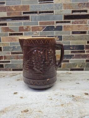 Antique North Star Stoneware Pitcher Brown Glaze Grape Trellis Lattice Pottery